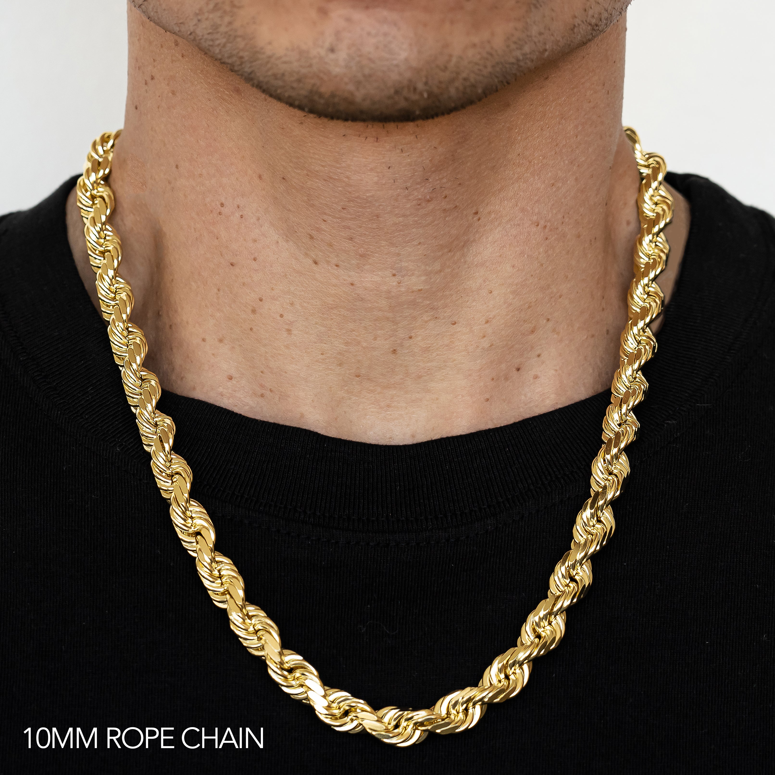 10K 10MM YELLOW GOLD DC HOLLOW ROPE 20" CHAIN NECKLACE (AVAILABLE IN LENGTHS 7" - 30")