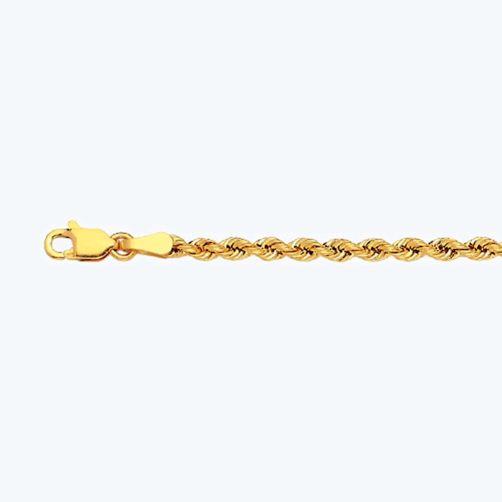 14K 2.5MM YELLOW GOLD DC HOLLOW ROPE 7" CHAIN BRACELET (AVAILABLE IN LENGTHS 7" - 30")