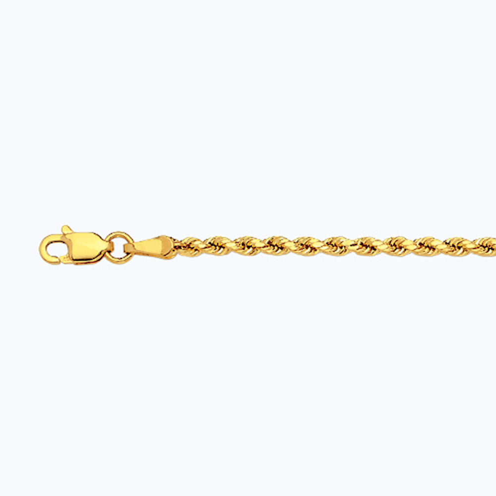 14K 2MM YELLOW GOLD DC HOLLOW ROPE 7" CHAIN BRACELET (AVAILABLE IN LENGTHS 7" - 30")