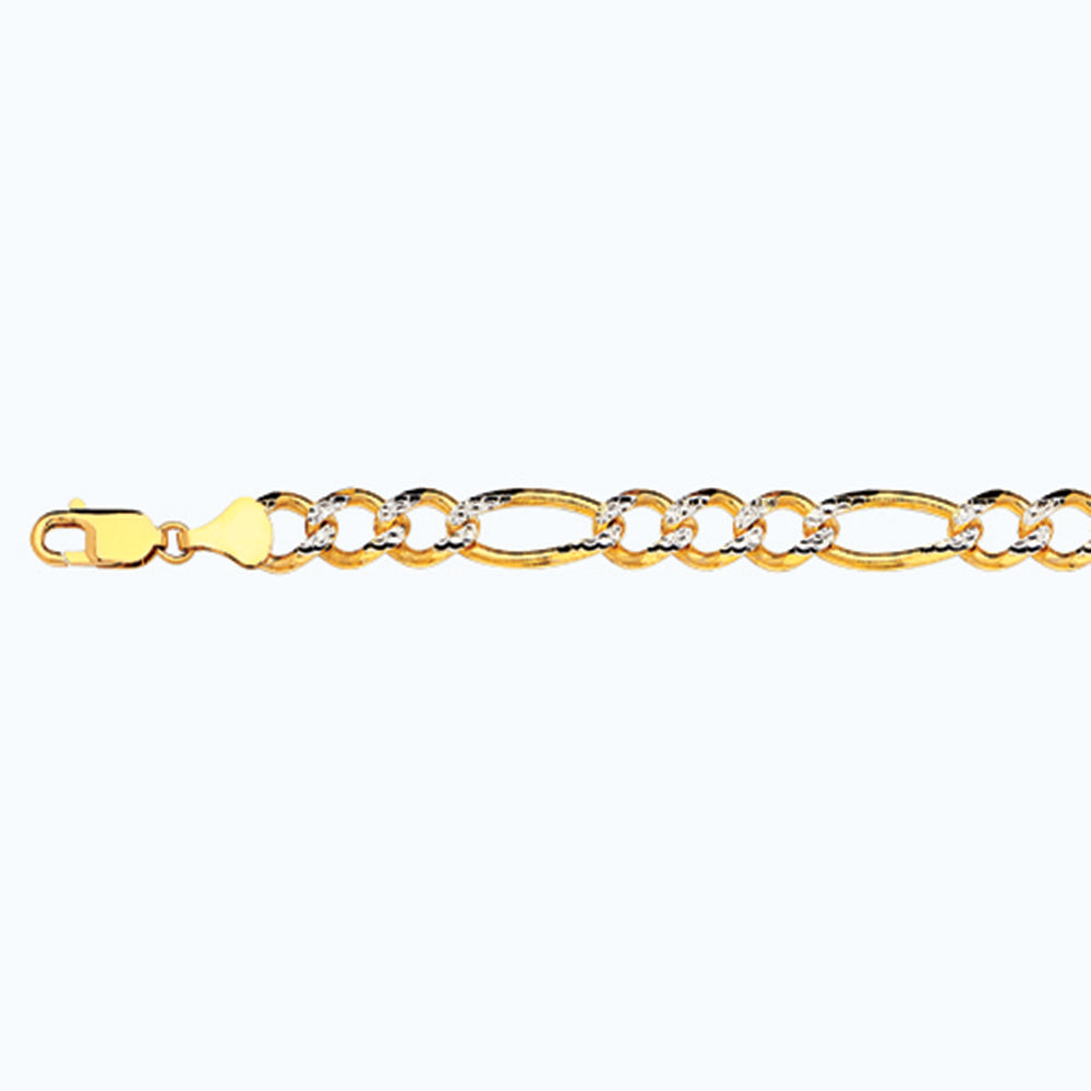 10K 9.5MM YELLOW GOLD SOLID PAVE FIGARO 8" CHAIN BRACELET (AVAILABLE IN LENGTHS 7" - 30")