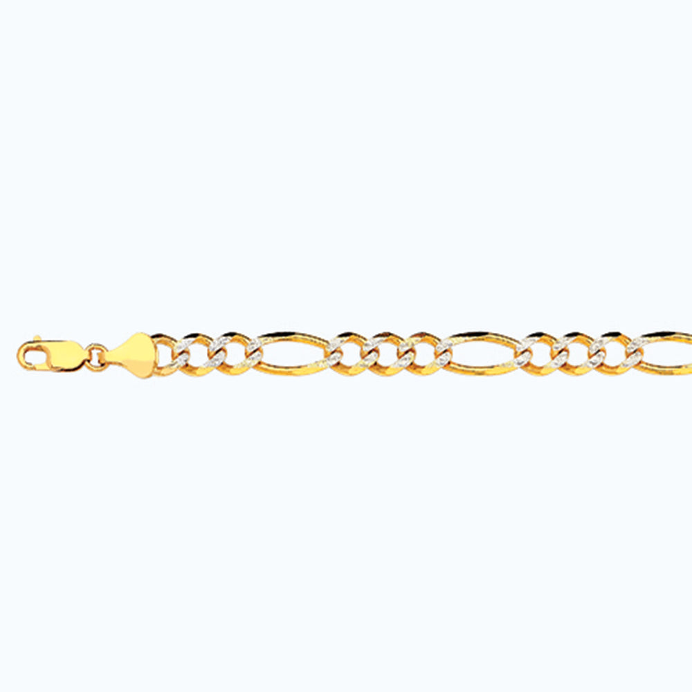 10K 8MM YELLOW GOLD SOLID PAVE FIGARO 7" CHAIN BRACELET (AVAILABLE IN LENGTHS 7" - 30")