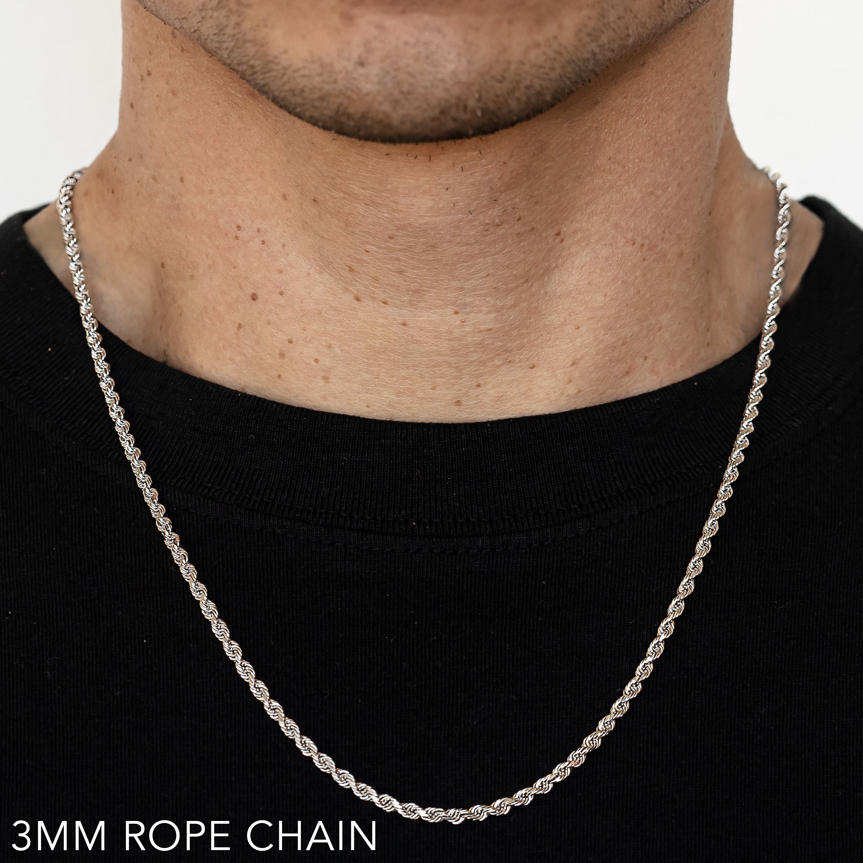 14K 3MM WHITE GOLD SOLID DC ROPE 9" CHAIN BRACELET (AVAILABLE IN LENGTHS 7" - 30")