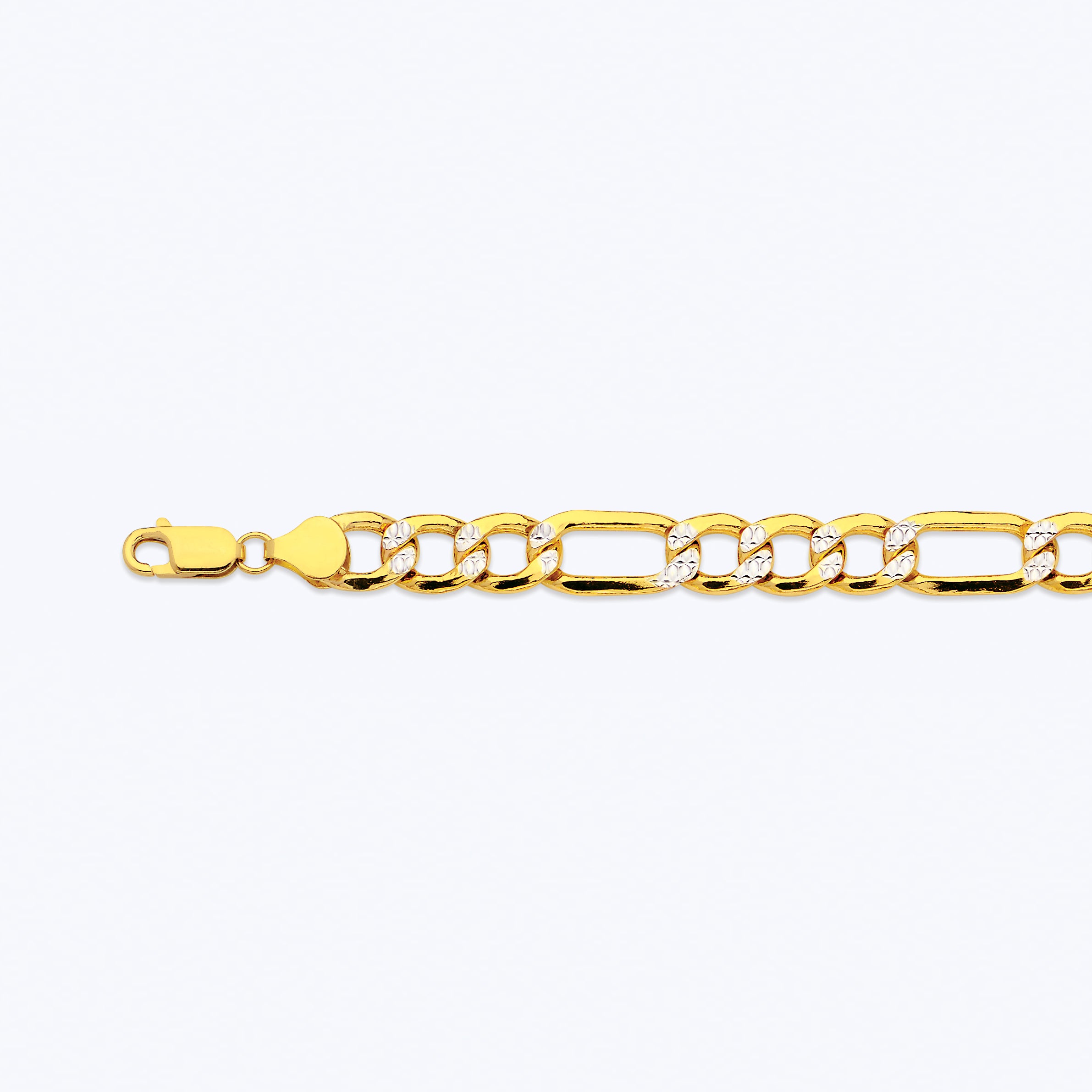 14K 10.5MM YELLOW GOLD HOLLOW PAVE FIGARO 8" CHAIN BRACELET (AVAILABLE IN LENGTHS 7" - 30")