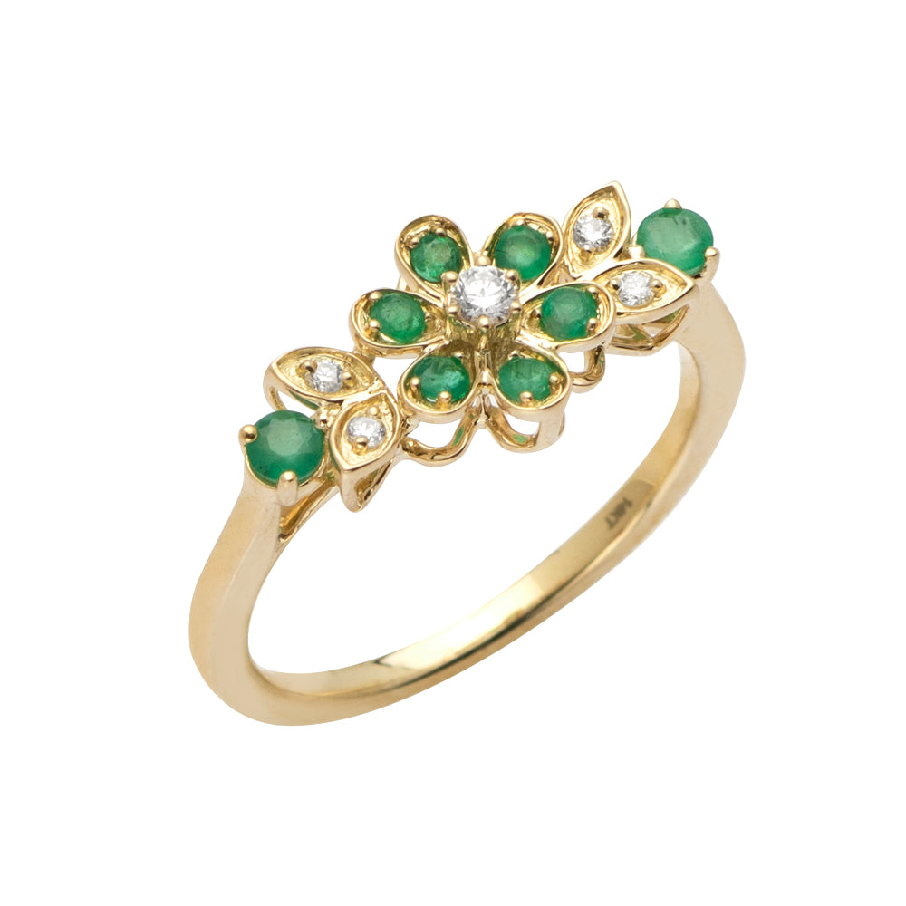 14KY 0.10CTW DIAMOND & EMERALD FLOWER RING