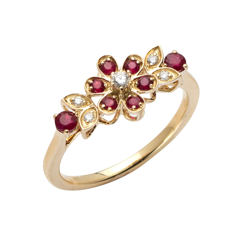 14KY 0.10CTW DIAMOND & RUBY FLOWER RING