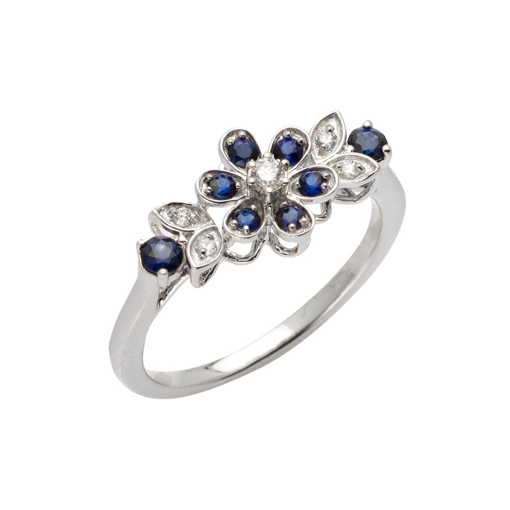 14KW 0.10CTW DIAMOND & SAPPHIRE FLOWER RING